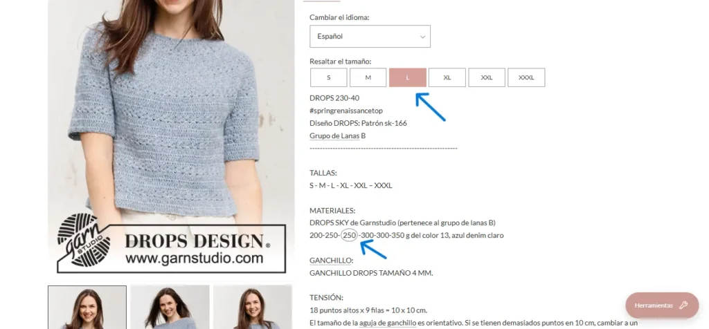 Selección de idioma y talla de patrones de crochet gratis en Garnstudio
