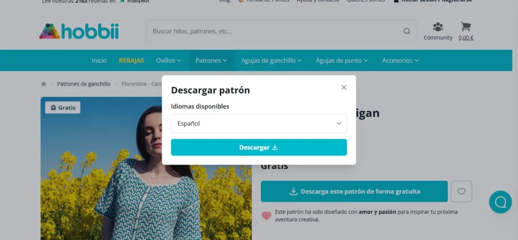 Selección de idioma para descargar patrones de crochet gratis en Hobbii