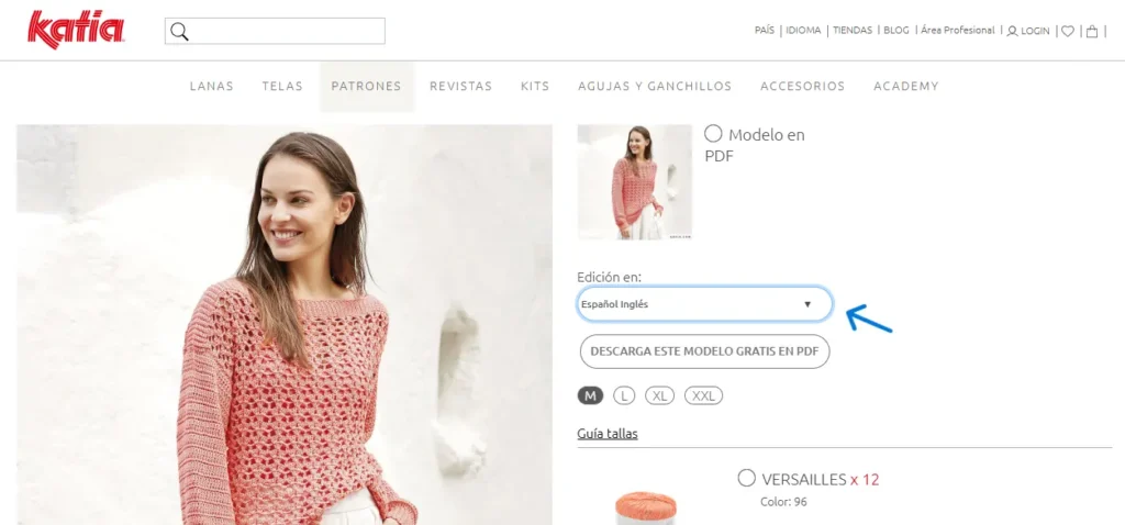 Selección de idioma para descargar patrones de crochet gratis en Katia