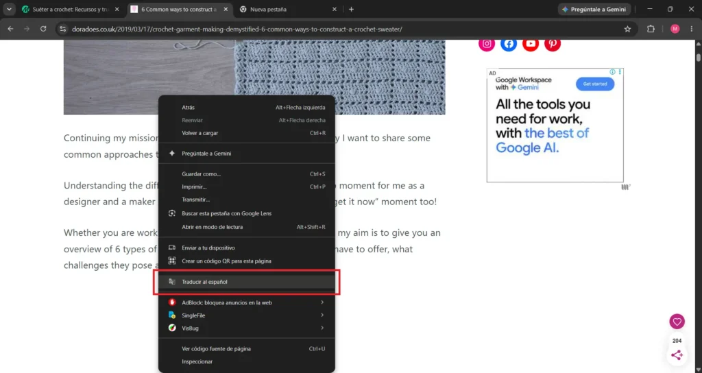 Clic derecho en el navegador para traducir una página web