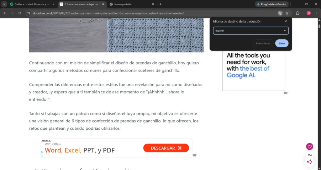 Opción del navegador para selecionar el idioma en que se quiere la traducción de un sitio web