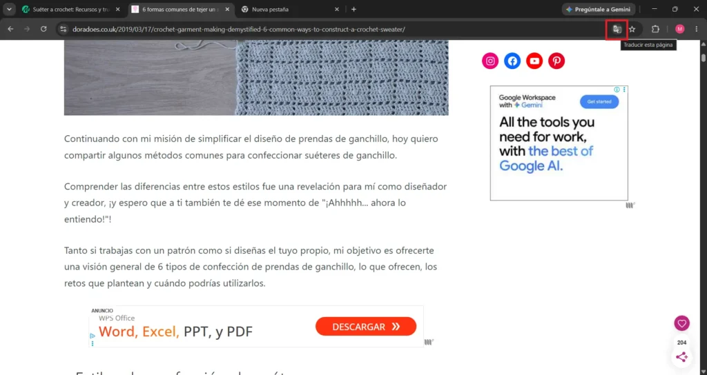 Icono en el navegador para ver opciones adicionales al traducir una página web