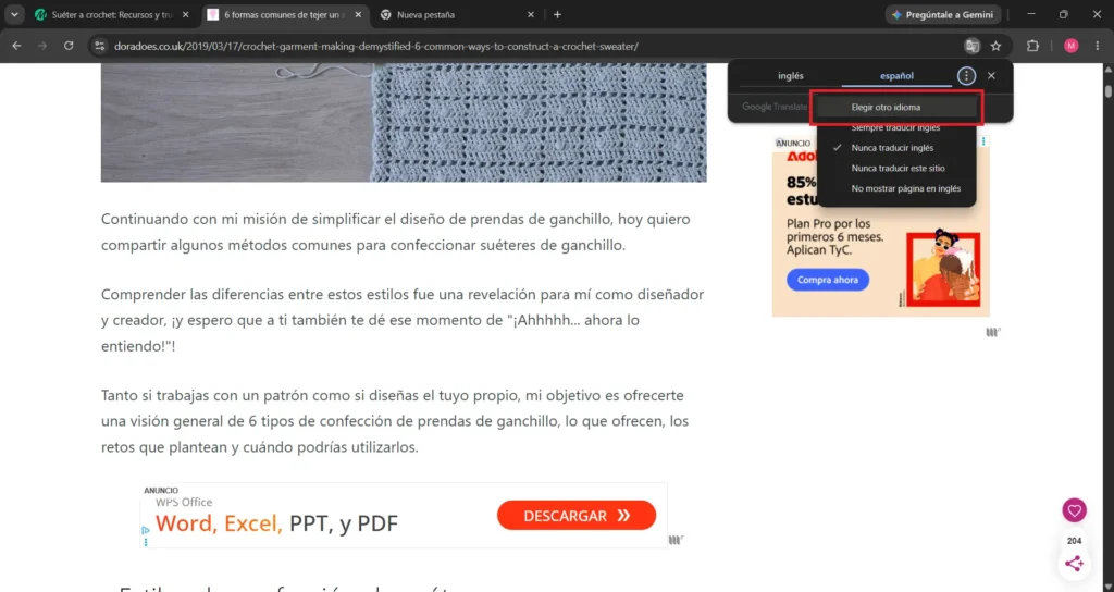 Opción de seleccionar otro idioma para traducir una página web