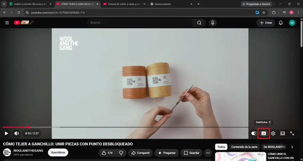 Icono para activar los subtítulos en un video de Youtube