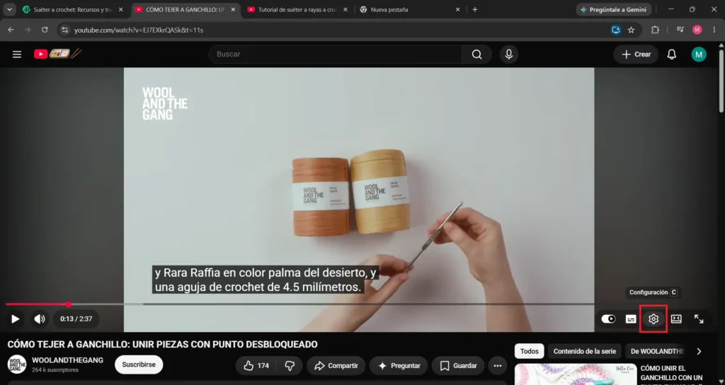 Icono de configuración en un video de Youtube