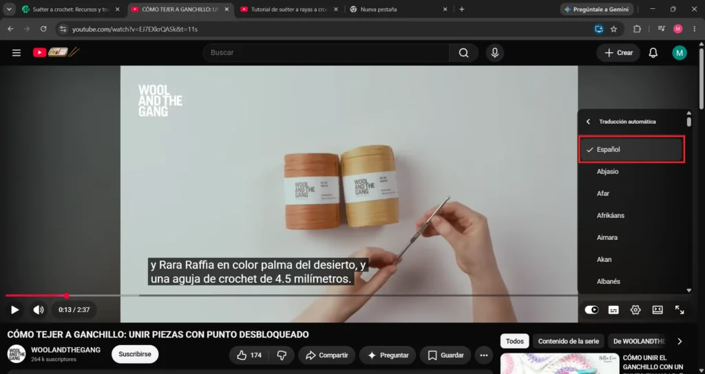 Opción para seleccionar el idioma de los subtítulos de un video de Youtube