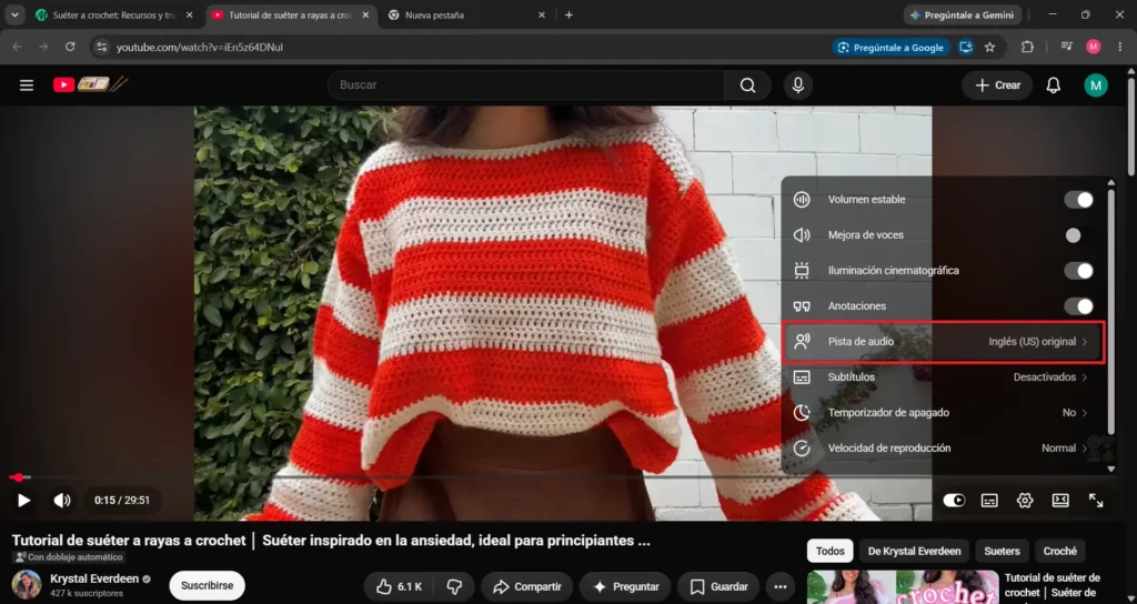 Opción de pista de audio en la configuración de un video de Youtube