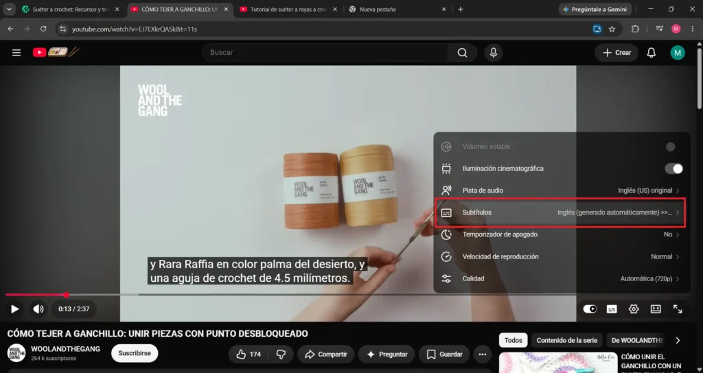 Opción de subtítulos en la configuración de un video de Youtube