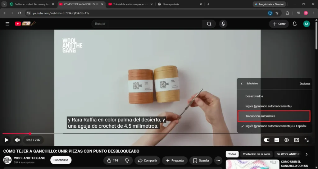 Opción de traducción automática en la configuración de un video de Youtube